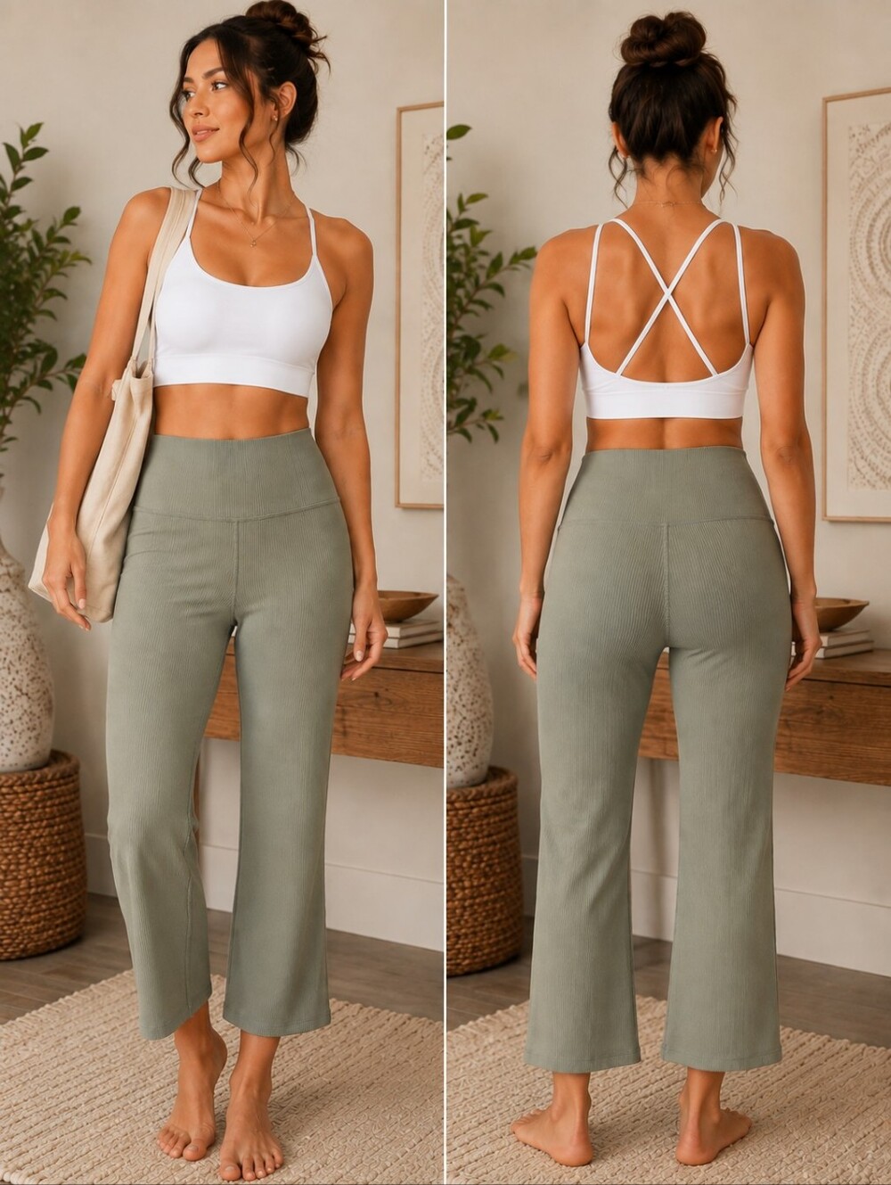 Athleta High-Waist Elation Ribbed Crop Wide-Leg Flare Leggings‎ Sage Green XL